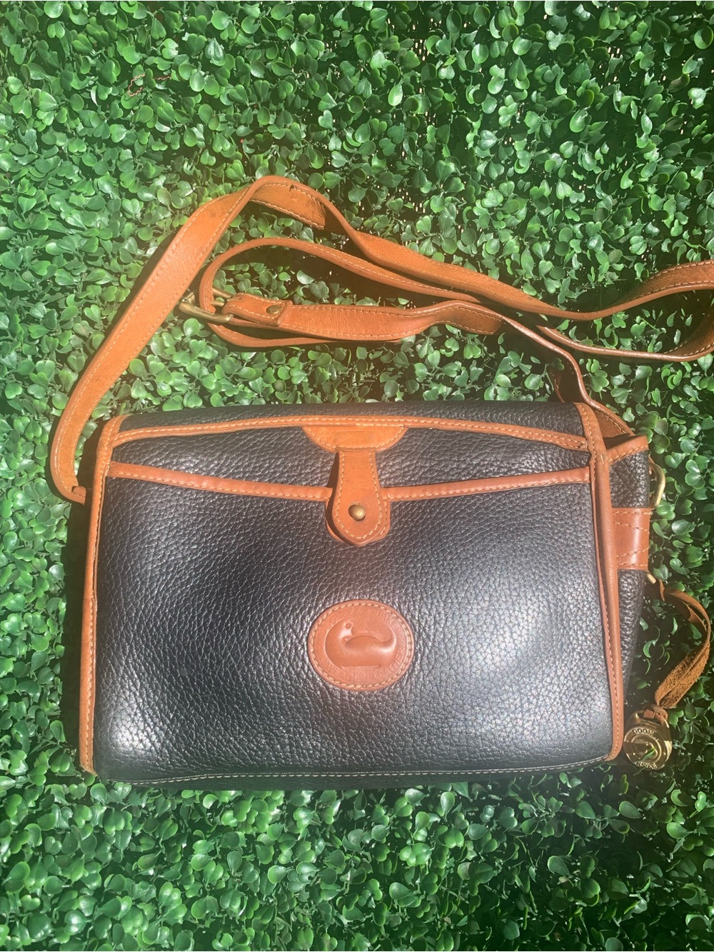 Refurbished vintage Dooney & Bourke black & brown w/ brass satchel crossbody bag